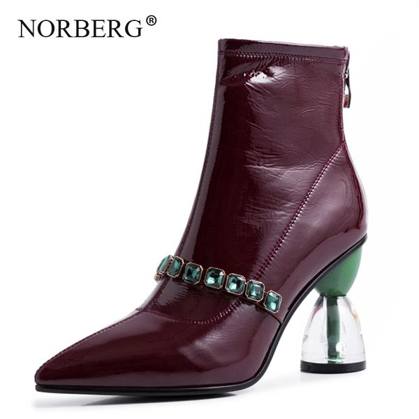 

norberg leather high heel woman boots elastic small wrinkle patent leather bare boots metal zipper with diamond rivet boots 210507, Black