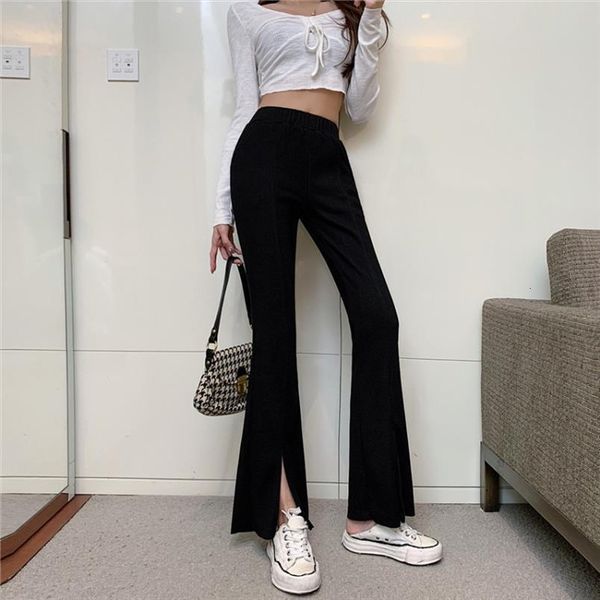 

wavsiyier spring korean high waist women pants wide leg black flare trousers autumn streetwear straight woman casual, Black;white