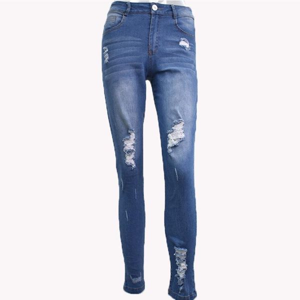 

women's jeans woman middle-waisted washed show thin hole ripped denim blue pancil pants plus size