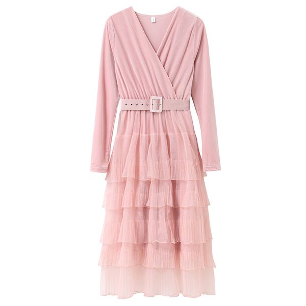 

women velvet mesh dress cascading ruffle pink black blue long sleeve elegant knee length autumn v neck sash d1398 210514, Black;gray