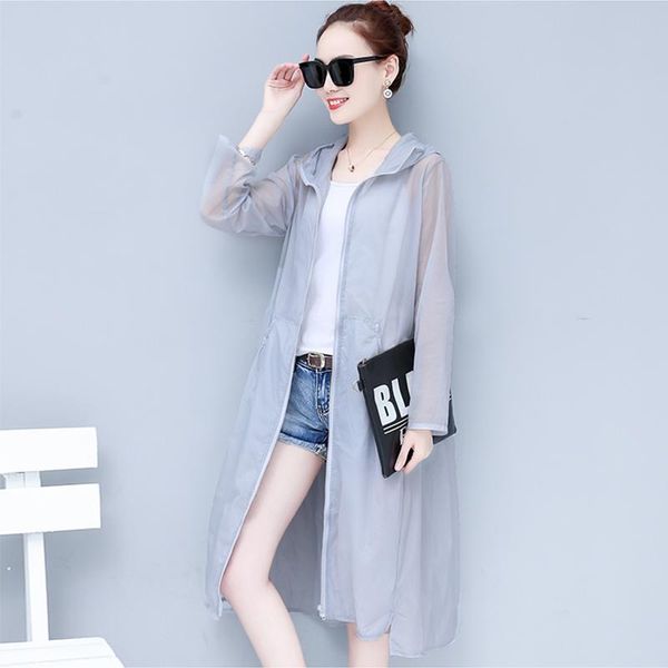 

women's blouses & shirts 2021 summer female solid color beach long kimono cardigan hooded women thin sleeve loose sun protection blouse, White