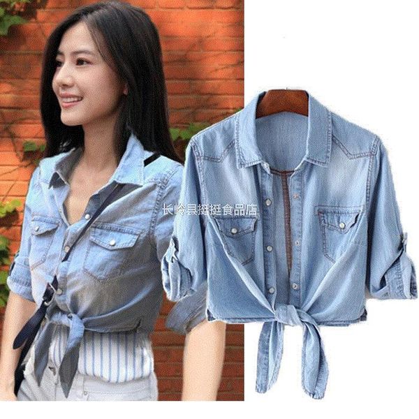 

women's jackets style with dress spring and summer thin denim shawl short knot middle sleeve small coat cardigan sunscreen, Black;brown