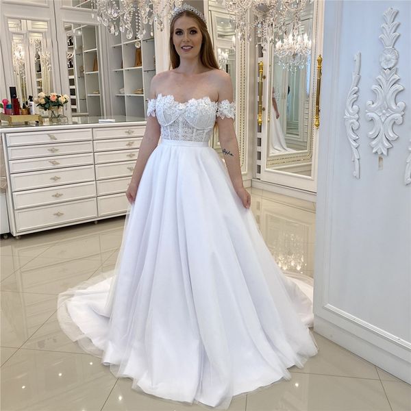 

off the shoulder lace a line wedding dresses with short sleeves court train tulle appliques plus siz bridal gowns, White
