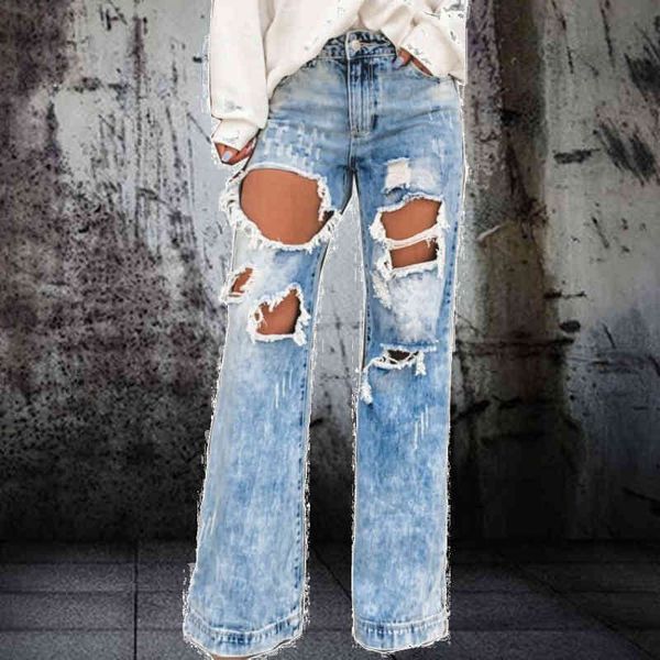 

women's jeans loose women's brem pants with ripped holes wasit high-wasit denim streetwear fashion breeches wide leg czev, Blue