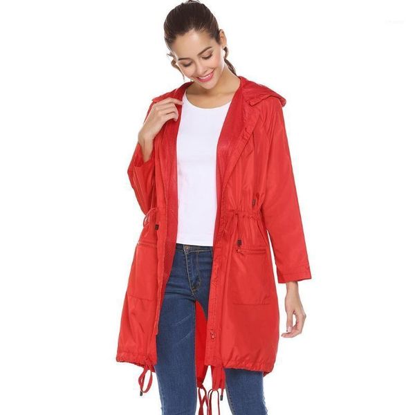

women's trench coats women lightweight hooded drawstring raincoat outdoor waterproof long jacket height 176cm bust 88cm waist 59cm hip, Tan;black