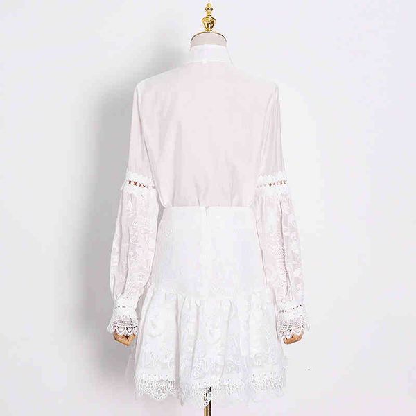

elegant black two piece set for women o neck lantern sleeve shirt high waist a line skirt hollow out sets female, White