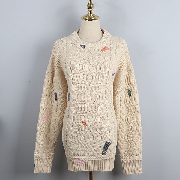 

women's sweaters retro loose oversize o-neck jacket ugly christmas sweater geometric embroidery diamond thick needle women fall winter, White;black