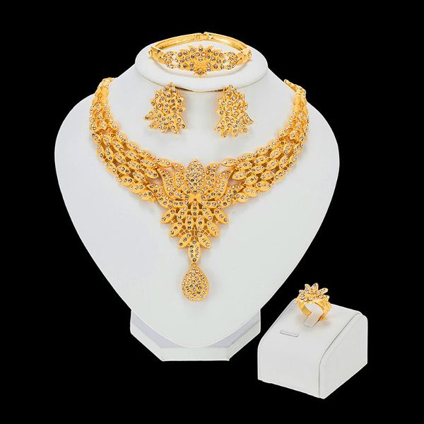 

earrings & necklace jewellery set gold color flowers dubai wedding ornament bridal gifts for women african party jewelry sets, Silver