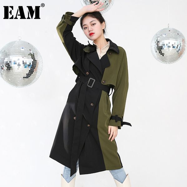 

[eam] women black contrast color trench lapel long sleeve loose fit windbreaker fashion autumn winter 19b-a373-0 21512, Tan;black