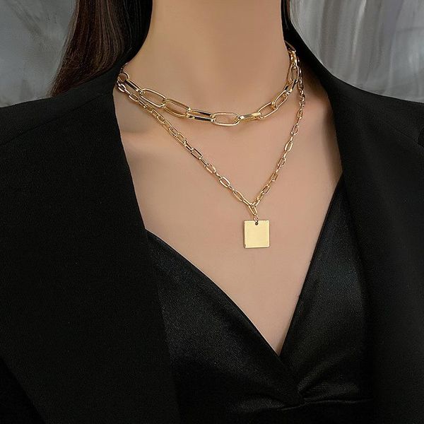

chains punki simple double layer oval chain square pendant fashion punk gothic metal sweater necklace gift jewelry 2021, Silver