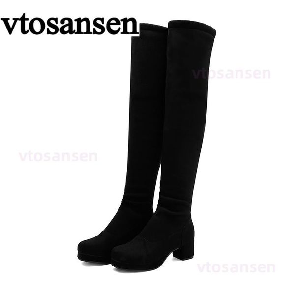 

boots 2021black thigh high for plus size women faux suede slim over the knee winter thick heel stretch fabric girl, Black