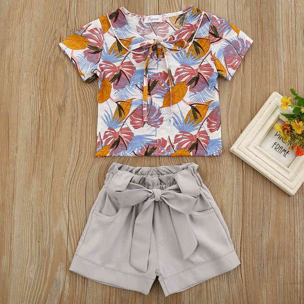 

children's clothes set summer short-sleeved leaf print shirt + solid color shorts 2-piece casual suit for toddler boys and girls 210515, White