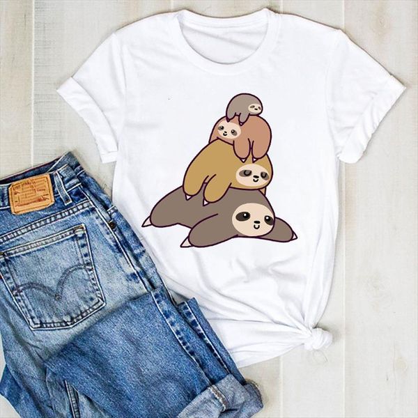 

sloth summer printed lazy cute women cartoon tee clothes graphic clothing, White