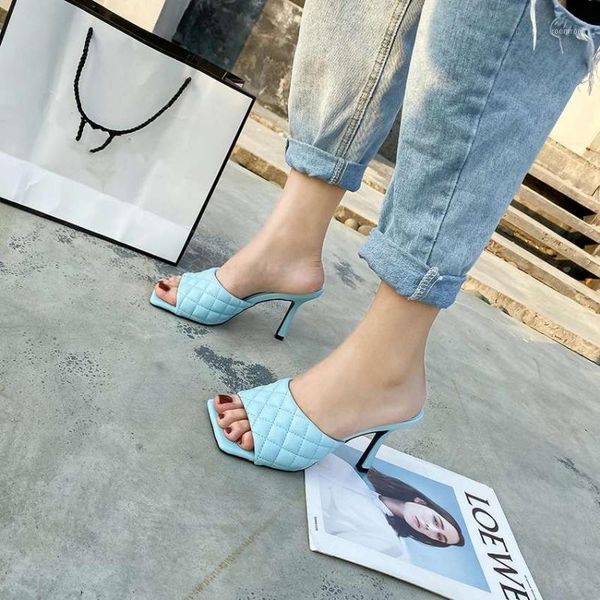 

sandals 2021 women high heels ladies heel slippers square toe thin fashion female slides summer sandalias mujer1, Black