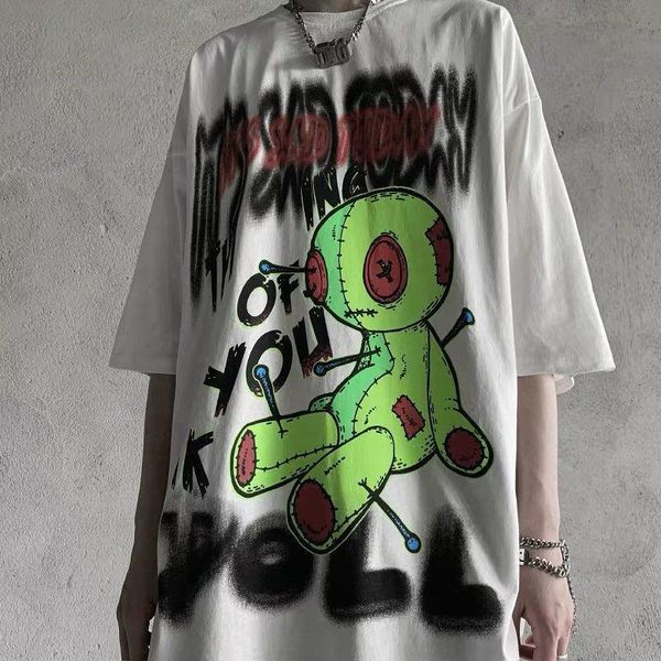 

male japan loose gothic hoodie womens t shirt streetwear funny kpop girls boys hip hop v neck high street, White