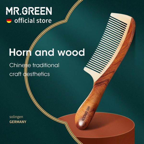 

hair brushes mr.green comb natural wood with horn splicing structure fine tooth anti-static head acupuncture point massage gift, Silver