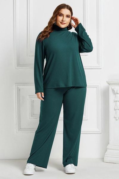

women's two piece pants plus size fat girl turtleneck set two-piece suit winter, White