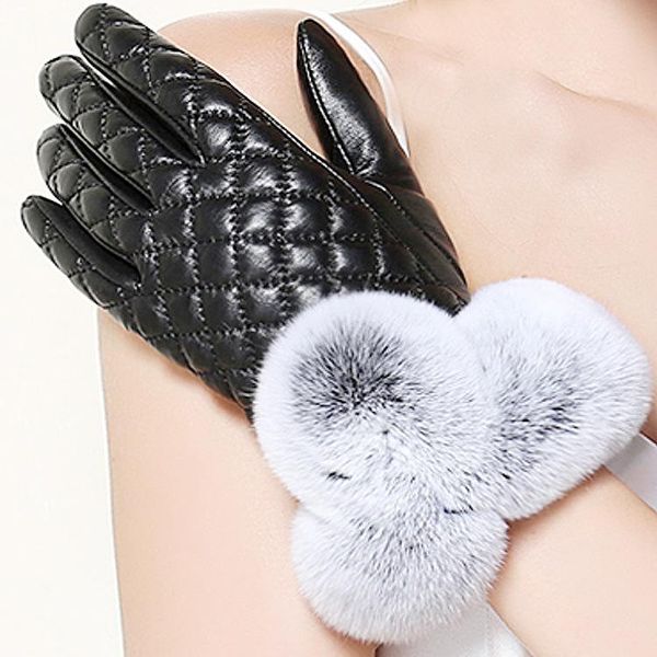 

five fingers gloves winter ladies imitation leather pu rhombus rex fur mouth touch screen women thickened warmth, Blue;gray