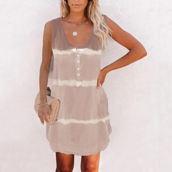 

casual dresses tie-dye stripe print mini tank dress women sleeveless v neck buttons beach 2021 summer holiday sundress vestidos, Black;gray