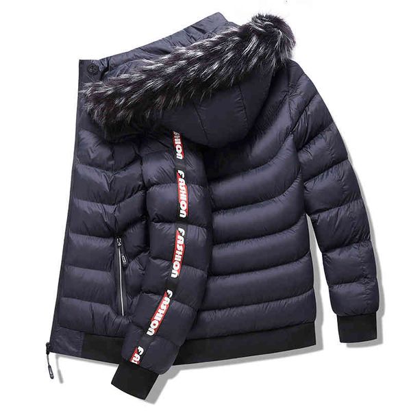 

men's leather & faux winter men hooded warm jacket fur collar brand solid thick windproof down removable casual outwear coats dfpe, Black