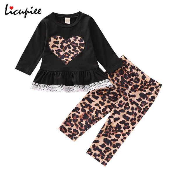 

clothing sets 1-4 years est 2pcs infant casual outfits, baby girl heart pattern long sleeve round neck lace trim pullover + leopard pants, White