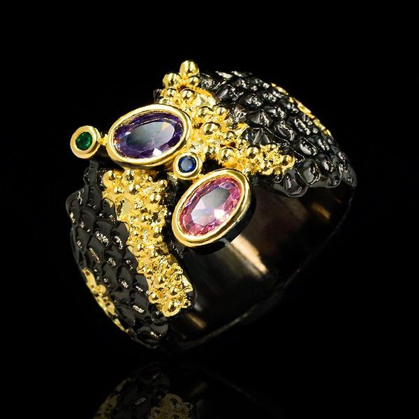 

vintage jewelry women's luxury 925 sterling silver ring two tone black gold filled zircon wedding party cluster rings, Golden;silver
