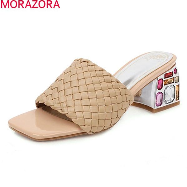 

slippers morazora big size 33-48 fashion women thick high heels square toe ladies shoes summer 4 colors mules, Black