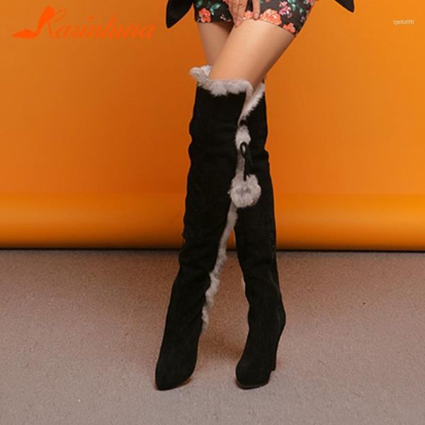 

boots karin 2021 arrivels fashion shoes fur cow suede spike high heels knee round toe snow winter booties11, Black