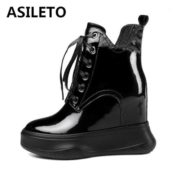 

boots asileto winter mid-calf genuine leather high platform round toe 9cm height incresing zip solid big size 33-40 casual s20531, Black