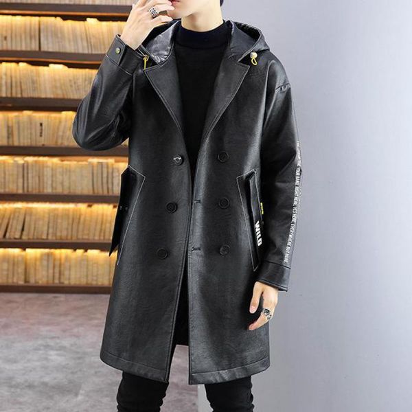 

men's trench coats 2022 double breasted long leather mens white jacket with hooded black stylish gentleman overcoats, Tan;black