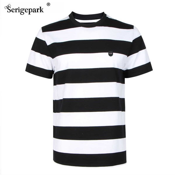 

france serige park striped t shirt for classical design with tie badge big size cottomaterial 210629, White;black