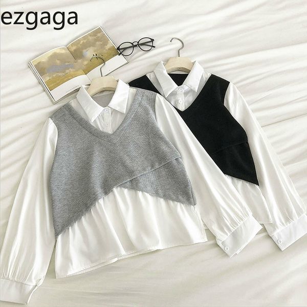 

ezgaga patchwork shirts women new korean chic fake two loose turn-down collar streetwear all-match fashion shirts 210430, White