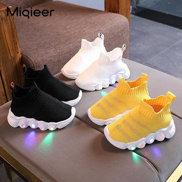 

athletic & outdoor spring autumn children led shoes fashion boys girls knit sock kid sneakers breathable mesh boots soft non-slip sport, Black