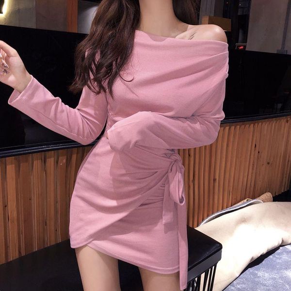 

casual dresses fashion spring women's clothing dress women strapless slash neck black long sleeve package hip cross lace up, Black;gray