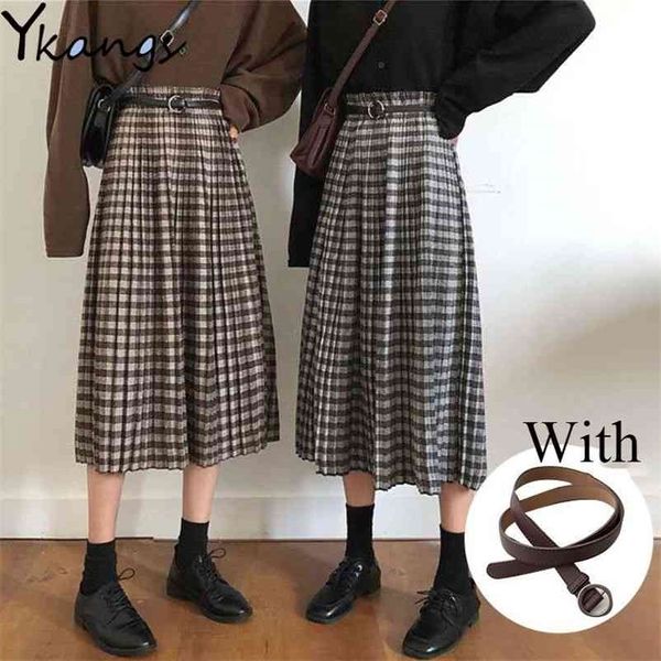 

vintage plaid pleated long skirts winter women punk rock korean woolen with belt streetwear high waist midi 210421, Black