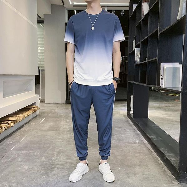 

men's tracksuits two piece set gradient short-sleeved t-shirt tracksuit men casual drawstring trouser suit mens joggers shirt + pants, Gray