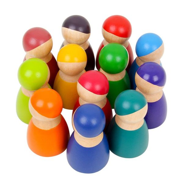 

40JC Montessori Set Of 12 Rainbow Friends Peg Dolls Wooden Pretend Play People Figures Baby Toy Environmental Safety Paint