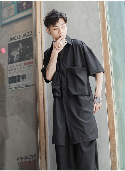 

men's casual shirts 2021 summer short sleeve shirt solid color youth black medium length loose big yamamoto fashion, White;black