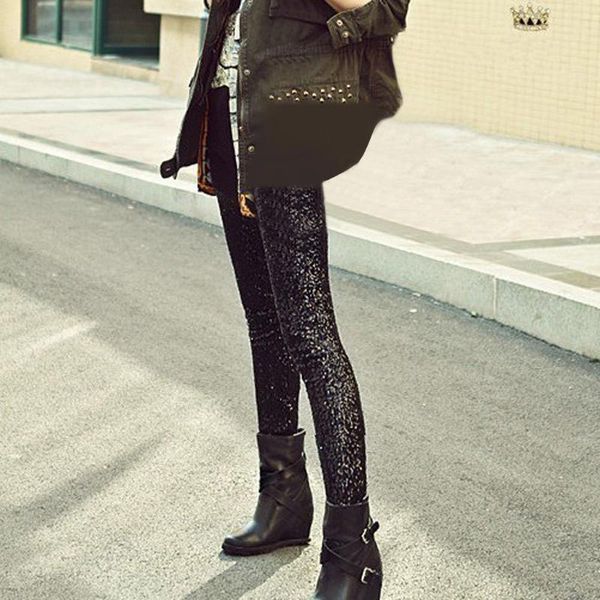 

women's pants & capris sequined slim pencil women fashion black elastic waist trousers high pantalones mujer cintura alta#g30, Black;white