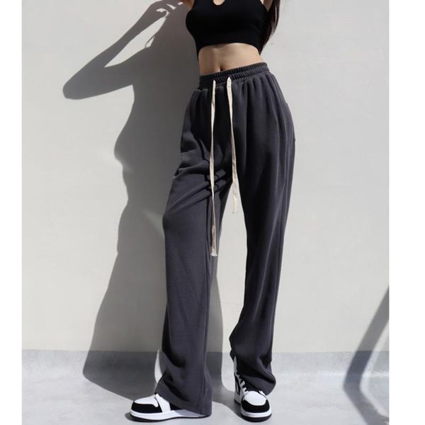 

women's pants & capris high waist loose style drawstring walking straight tube wide leg floor casual sweatpants, Black;white