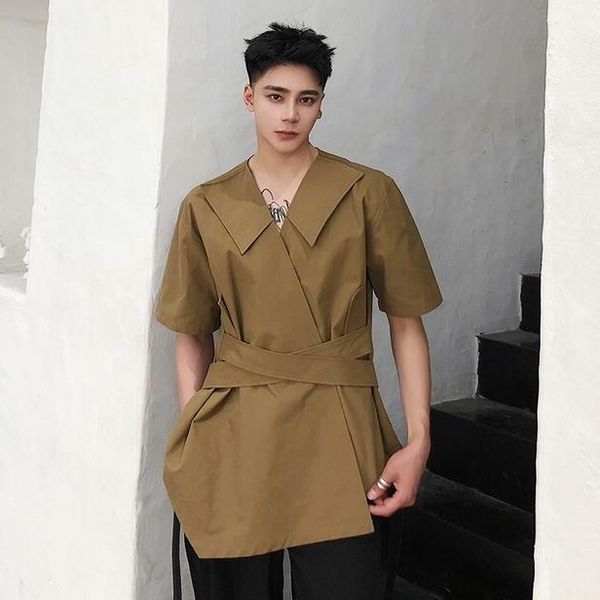 

summer medium long coffee three quarter sleeve fashion shirt korean trend personality v-neck casual shirts men's, White;black