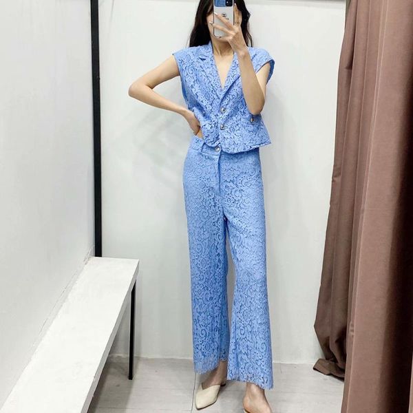 

summer women's blue suit lapel sleeveless button-embellished lace blouse vest + cropped trousers two piece pants, White