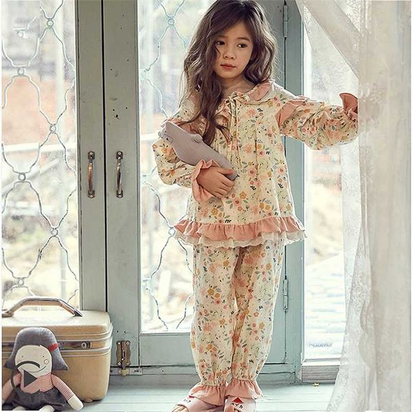 Kinder-Mädchen-Lolita-Pyjama-Set aus Baumwolle mit Blumenmuster. Vintage-Pyjama-Set mit Blumen für Kleinkinder, Schlaf-Loungewear. Kinderkleidung 211130