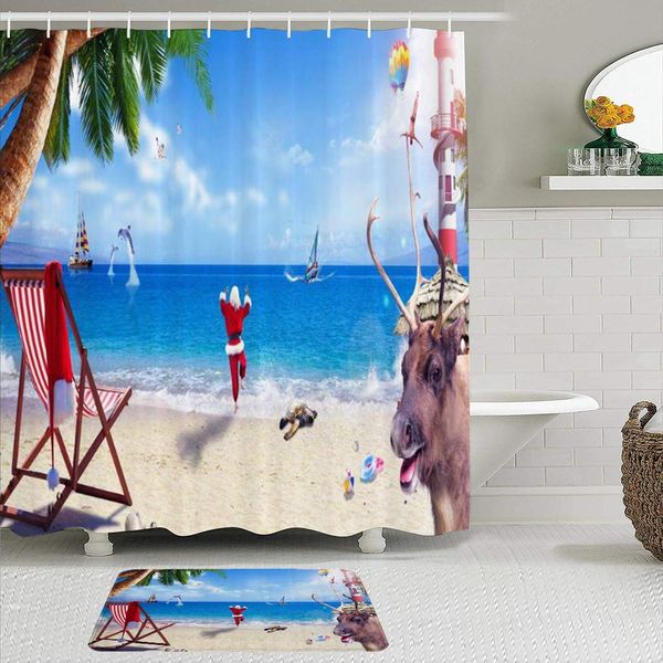 

fabric shower curtain and mats set,christmas surf air balloon dolphin lighthouse reindeer santa tortoise conch beach chair