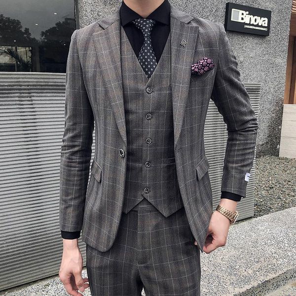 

spot autumn men's plaid suit business self-cultivation one-button three-piece wedding suits & blazers, White;black