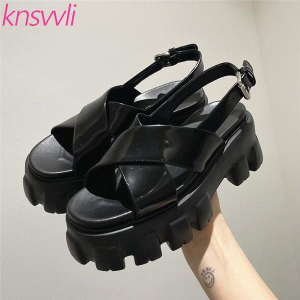 

sandals women black white leather summer runway shoes woman cross strap thick sole sandalias mujer platform