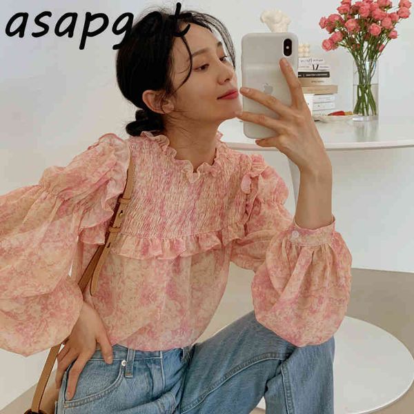 Chic coreano dolce colletto alla coreana volant sbuffo manica lunga camicetta di chiffon rosa donna patchwork allentato top a pieghe Blusas Mujer 210429