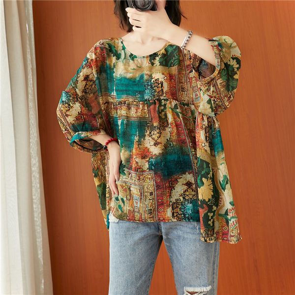 

t shirts summer arts style women o-neck loose tee shirt vintage print 3/4 sleeve t-shirt femme big size clothing m545 vybj, White