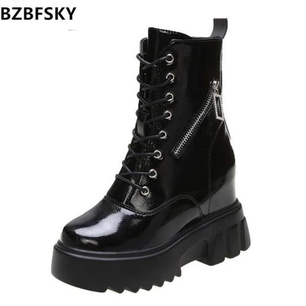 

boots bzbfsky autumn winter chunky platform women crystal zipper patent leather ankle female height increasing punk shoes, Black