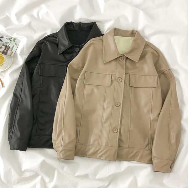 

women's leather & faux women black streetwear jacket 2021 spring autumn turn down collar loose coat woman vintage pu outwear
